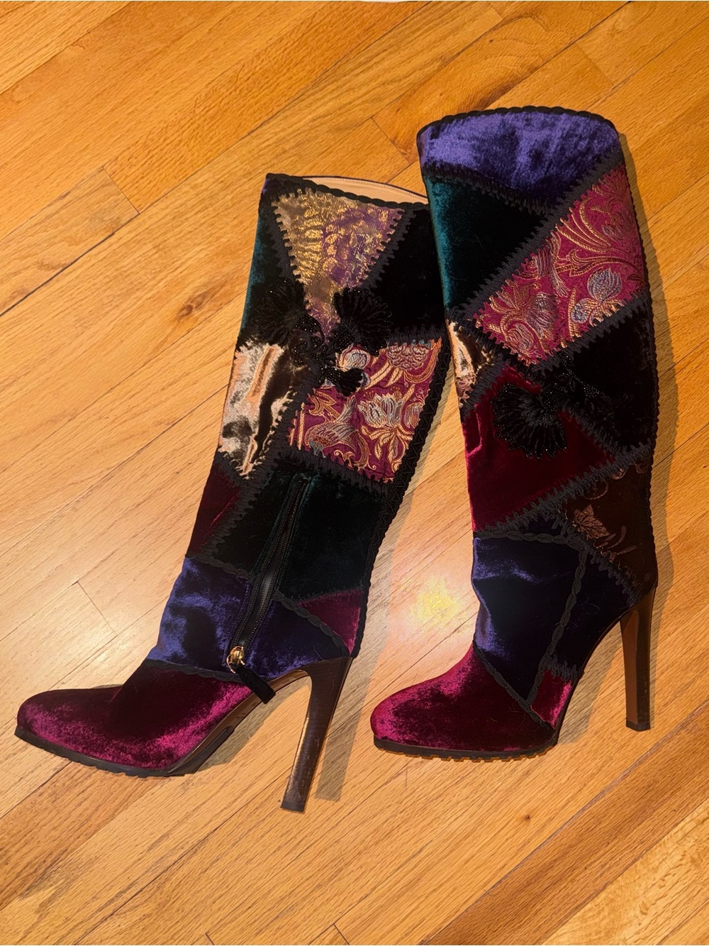 RARE! Ralph Lauren Remmy Boots Purple Label  Silk Velvet Patchwork Sz 39 8.5 - Picture 4 of 7